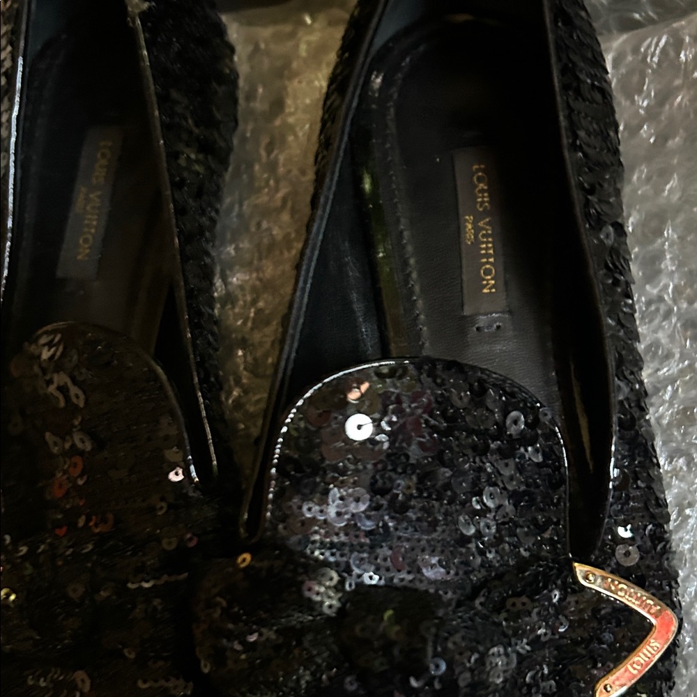 Louis Vuitton Black Sequin Loafers with Gold-Tone Accents - Picture 4 of 6